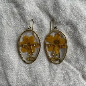 Gold Abstract Face Earrings with Real Yellow Flower Cottagecore Floral Boho Chic